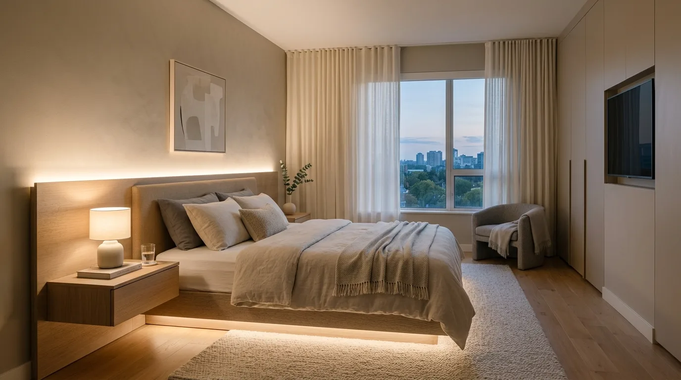 Use hidden lighting for a serene evening glow inspiration for a neutral bedroom.